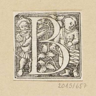Buchstabe B mit zwei musizierenden Kindern, aus: "Römisches Majuskel-Alphabet"