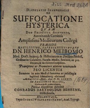 Disputatio Inauguralis De Suffocatione Hysterica