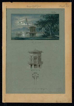 Angelhäuschen Monatskonkurrenz September 1830: Grundriss, Aufriss Uferansicht, perspektivische Ansicht; Maßstabsleiste