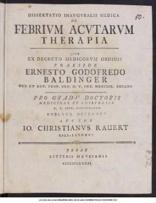 Dissertatio Inauguralis Medica De Febrium Acutarum Therapia