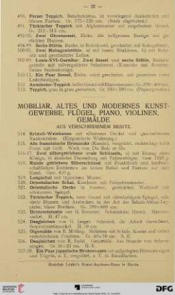 Mobiliar, altes und modernes Kunstgewerbe, Flügel, Piano, Violinen, Gemälde. Aus verschiedenem Besitz (Nr. 514-842)