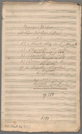 Schweizer Walzer zur Feyer des Rigi Festes, wind, op. 268, HenK 268 b, F-Dur, Arr - BSB Mus.Schott.Ha 4353 : [title page, autograph with ms. additions:] Schweizer Walzer // zur Feyer des Rigi Festes // für // 1) 1 Flauto oblig. in F Flute en Fa // 2) Clarinetto 1|m|o in B| Premiere Clarinette en Si b // 3) Clarinetto 2|d|o in B // Seconde Clarinette en Si b // 4) 1 Cornu oblig. in F // Cor en Fa // 5) 1 Fagotto obligato // Basson // komponirt // von // Joseph Küffner // op. 268