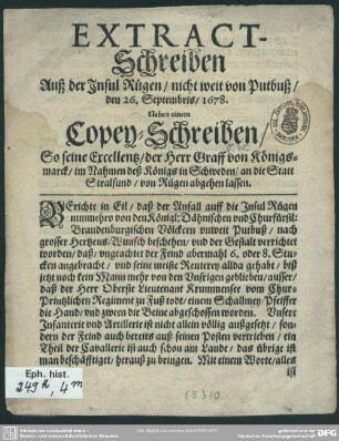 Extract Schreiben auß der Insul Rügen, nicht weit von Putbus : den 26. Septembris 1678 ...