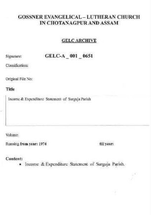 Income & Expenditure Statement of Surguja Parish