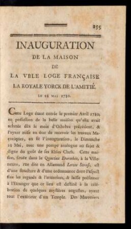 Inauguration De La Maison De La V[énéra]ble Loge Française La Royale Yorck De L'Amitié. Le 28 Mai 1780.