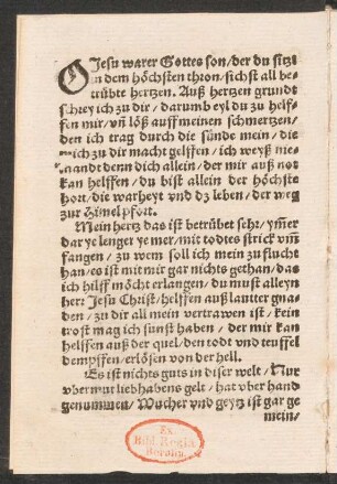 O Jesu warer Gottes son/ der du sitzt || in dem höchsten thron/