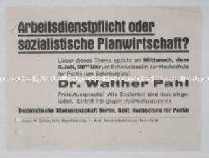 Handzettel mit der Einladung zu einer Diskussions- Veranstaltung über die sozialistische Planwirtschaft
