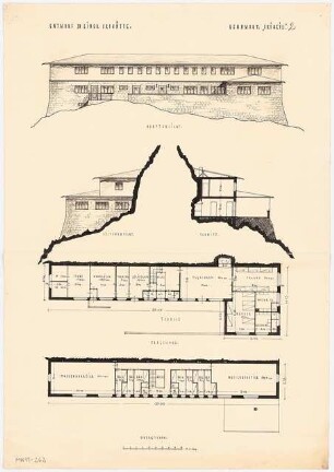 Skihütte Monatskonkurrenz November 1930: Grundriss Erdgeschoss, Obergeschoss, Aufriss Südansicht, Seitenansicht, Querschnitt 1:100; Maßstabsleiste