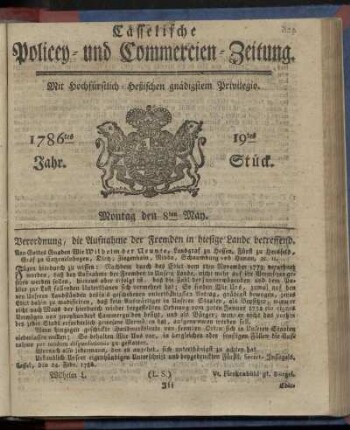 19tes Stueck, Montag den 8ten May. 1786