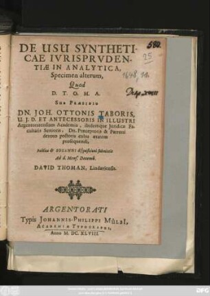 De Usu Syntheticae Iurisprudentiae In Analytica : Specimen alterum