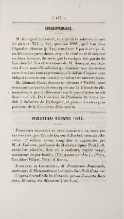 Publications récentes (1874).