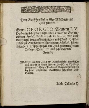 Dem Wol Ehrn Vesten Groß Achtbarn und Hochgelahrten Herrn Georgio Wernern I. V. [...]