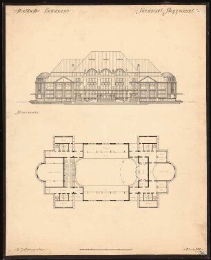 Stadthalle und Ausstellungshalle, Hannover: Stadthalle: Ansicht, Grundriss 2. Galeriegeschoss 1:200