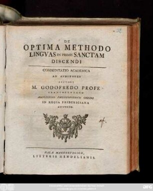 De Optima Methodo Lingvas In Primis Sanctam Discendi : Commentatio Academica