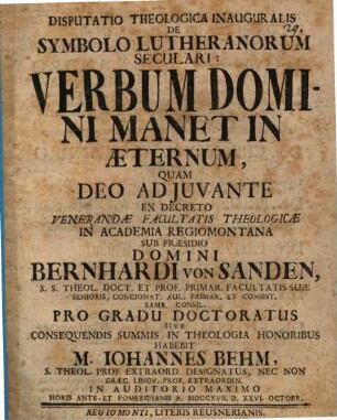 Disp. theol. inaug. de symbolo Lutheranorum seculari: Verbum Domini manet in aeternum