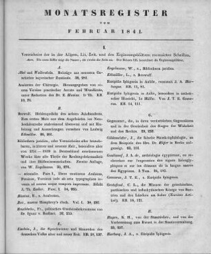 Monatsregister vom Februar 1840