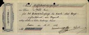 Scheck von Paul Leni über 150.000.-- Mark für das Weltverfilmungsrecht der Novelle "Das Wachsfigurenkabinett" von Meyrink.. Unterzeichnet vom Internationalen Film-Bureau, Berlin, 16.11.1922.