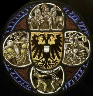 Doppelköpfiger Reichsadler mit Herzschild Österreich und vier Szenen eines Turniers