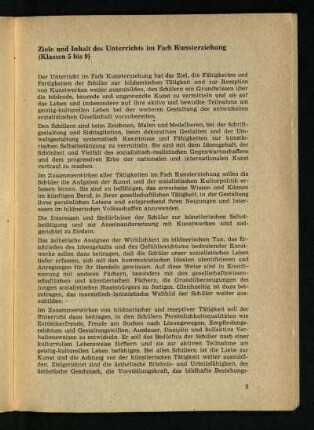 Ziele und Inhalt des Unterrichts im Fach Kunsterziehung (Klassen 5 bis 9)