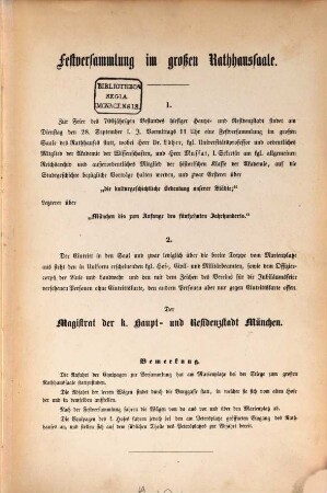 Festversammlung im großen Rathhaussaale : (Zur Feier des 700jährigen Bestandes der Haupt- u. Residenzstadt München)