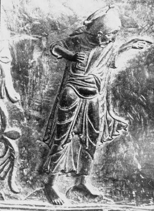 Hildesheim, Dom St. Maria, Bronzetür, sog. Bernwardstür, linker Flügel, 4. Feld v. o., Verhör und Verurteilung der Stammeltern, Gott (Detail)