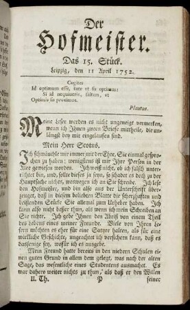 Das 15. Stück. Leipzig, den 11 April 1752.