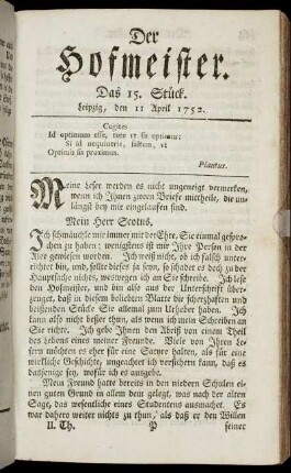 Das 15. Stück. Leipzig, den 11 April 1752.