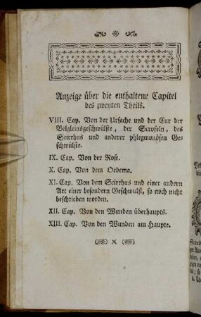 Anzeige über die enthaltene Capitel des zweyten Theils