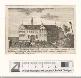 Prosp. von Hirschberg, eines Lust Schlosses am Bodensee dem Reichs Stift Oxenhausen zugehörig