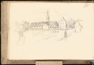 Skizzenbuch mit Aquarellen und Zeichnungen: Dorfteich mit Gehöften und Kirchturm, perspektivische Ansicht