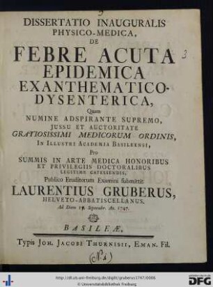 Dissertatio Inauguralis Physico-Medica, De Febre Acuta Epidemica Exanthematico-Dysenterica