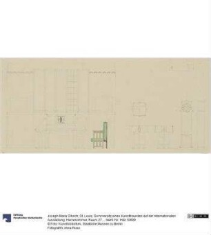 St. Louis, Sommersitz eines Kunstfreundes auf der internationalen Ausstellung, Herrenzimmer, Raum 27, Aufriss der Nordostwand, Aufrisse der Standuhr sowie Aufrisse und Grundriss des Rauchtisches