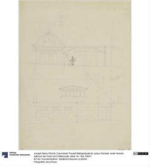 Darmstadt, Projekt Stallgebäude für Julius Glückert, erste Version, Aufrisse der West und Ostfassade