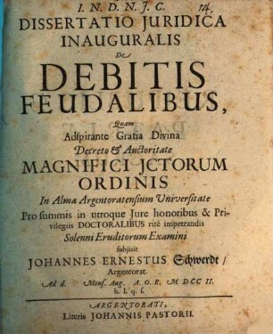 Diss. iur. inaug. de debitis feudalibus