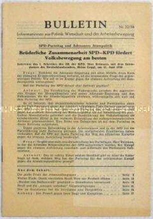 Illegales Informationsblatt der KPD "Bulletin" u.a. mit einem Interview des Politikers Max Reimann mit dem Intendanten des Deutschlandsenders Heinz Geggel am 11. Juni 1958 zur atomaren Aufrüstung der Bundesrepublik
