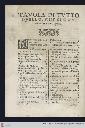 Tavola di tvtto qvello, che si contiene in detta opera