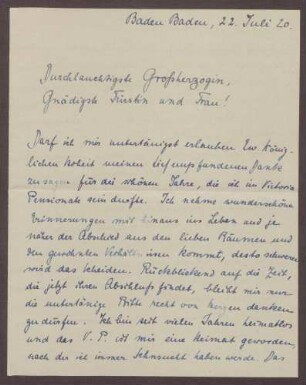 Schreiben von Lisa Bittmann an die Großherzogin Luise; Dank für die schöne Zeit und Gedanken zum Tod des Hohenzollernprinzen Joachim