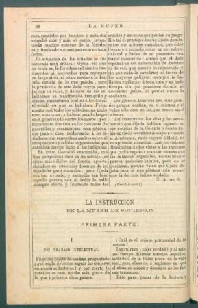 La instrucción en la mujer de sociedad. : Primera parte. I. Del trabajo intelectual.