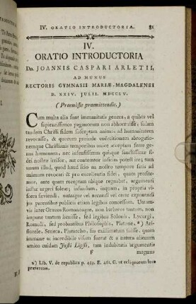 IV. Oratio introductoria Dn. Joannis Caspari Arletii,[...]