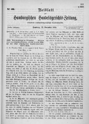 Beiblatt zur hamburgischen Handelsgerichts-Zeitung No. 46. Zweiter Jahrgang. Hamburg, 13. November 1869.
