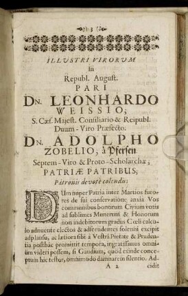 Illustri ... Dn. Leonhardo Weissio ... Dn. Adolpho Zobelio, a Pfersen ...