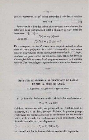 Note sur le triangle arithmétique de pascal et sur la série de lamé.