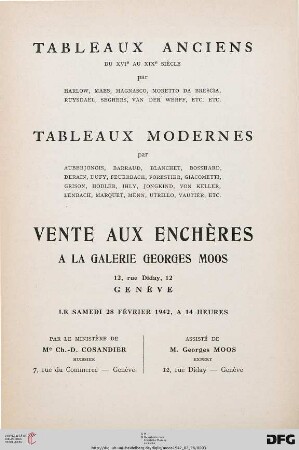 Tableaux anciens du XVIe au XIXe siècle par Harlow, Maes, Magnasco ... : tableaux modernes par Auberjonois, Barraud, Blanchet, Bosshard ... ; 28 février 1942