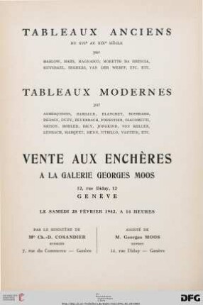 Tableaux anciens du XVIe au XIXe siècle par Harlow, Maes, Magnasco ... : tableaux modernes par Auberjonois, Barraud, Blanchet, Bosshard ... ; 28 février 1942