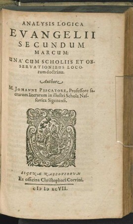 Analysis logica evangelii secundum Marcum : una cum scholiis et observationibus locorum doctrinae