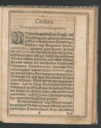 I. Censura Theologorum Wittenbergensium.