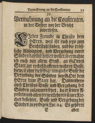 IV. Vermahnung an die Consitenten, in der Vesper vor der Beicht zuverlesen