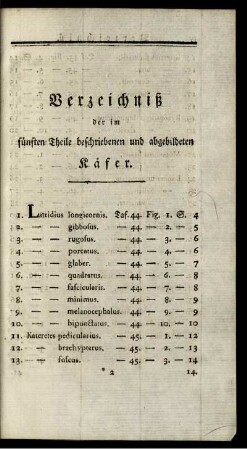 Verzeichniß der im fünften Theile beschriebenen und abgebildeten Käfer.