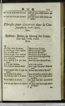Phrases pour s' exercer dans la Conjugaison du Verbe auxil. Etre. Redens-Arten, zu Ubung der Conjugaison des Verbi Auxil. Etre