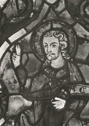 Erfurt. Barfüßerkirche. Chor. Farbige Glasfenster (nach der Restaurierung 1960). Ostfenster, Mittelbahn, Zeile 8: Jacobus. Ausschnitt: Brustbild (gotisch, um 1316)